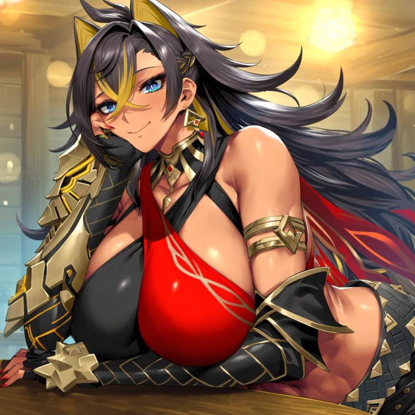 1girls 2vuiai abs ai_generated big_breasts blue_eyes breasts clothed clothed_female clothing dark-skinned_female dark_skin dehya_(genshin_impact) female female_only genshin_impact gigantic_breasts huge_breasts large_breasts looking_at_viewer massive_breasts muscular muscular_female upper_body voluptuous