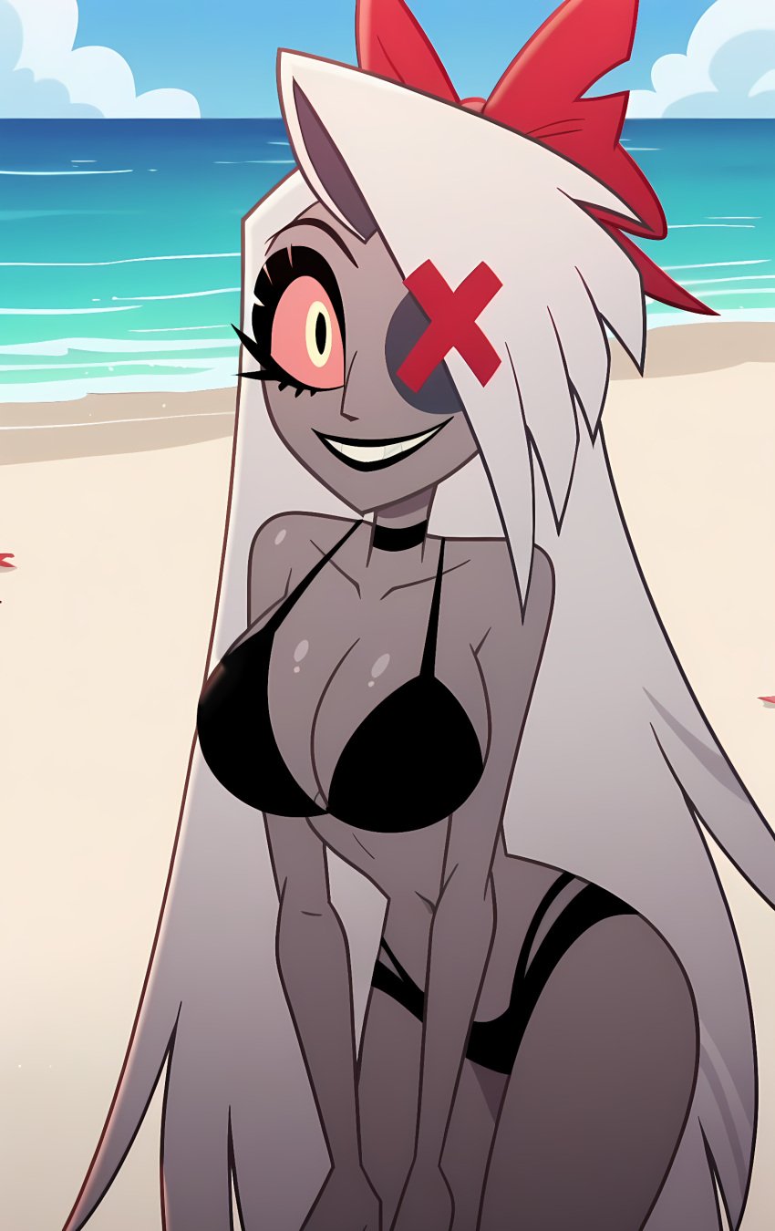 1girls ai_generated beach bikini female female_only hazbin_hotel humanoid looking_at_viewer smile tagme vaggie_(hazbin_hotel) white_hair