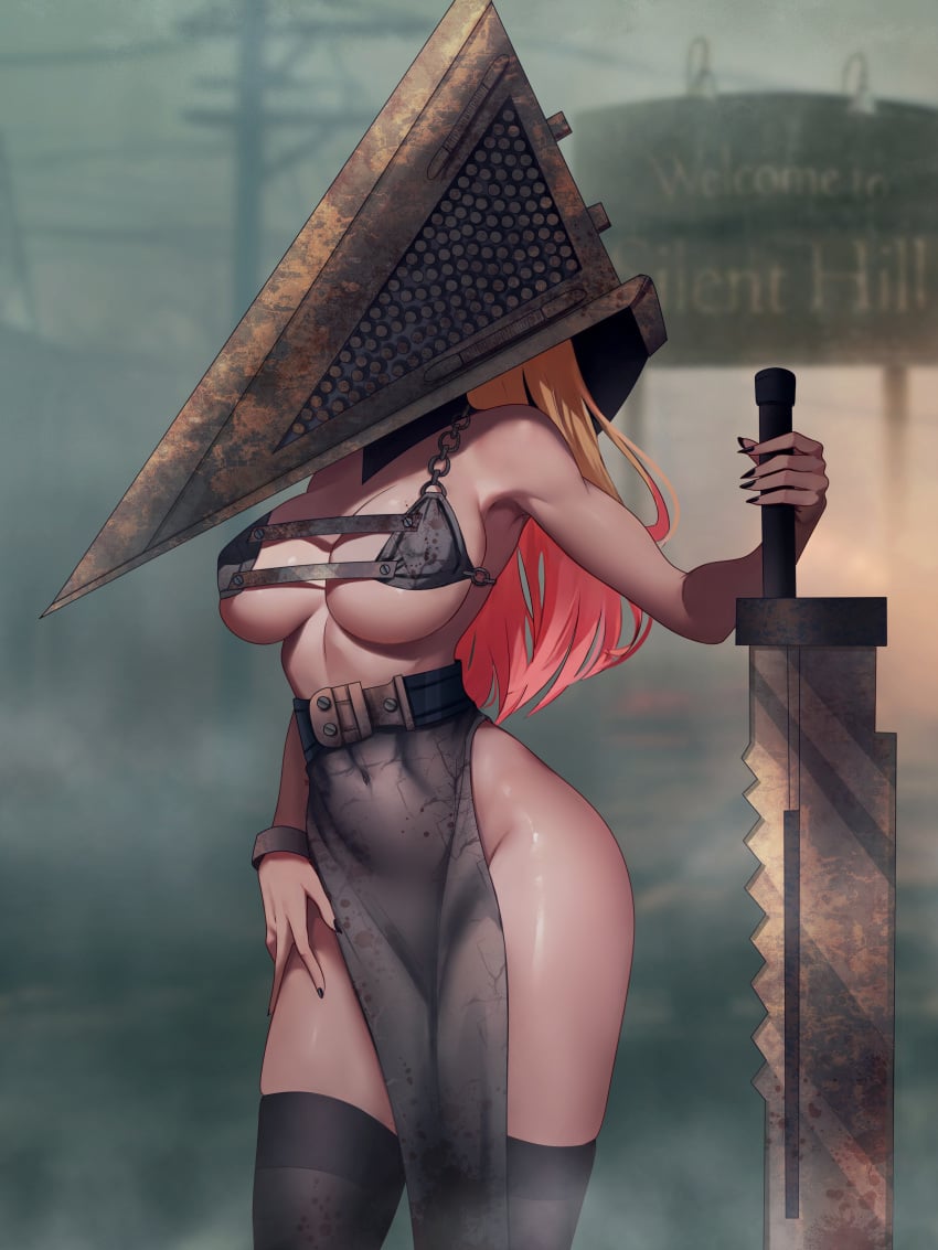 1girl black_nails colored_pubic_hair cosplay female hime_tyan_art huge_weapon kitagawa_marin large_breasts navel original pyramid_head see-through silent_hill_(series) teasing thighhighs