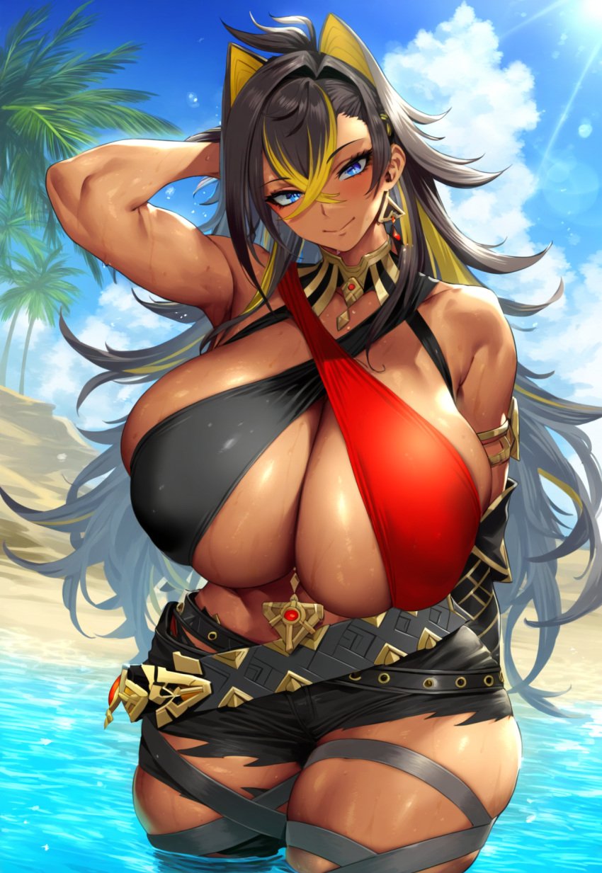 1girls 2vuiai abs ai_generated beach big_breasts big_thighs breasts cleavage dark-skinned_female dark_skin dehya_(genshin_impact) female female_only genshin_impact gigantic_breasts gigantic_thighs huge_breasts huge_thighs large_breasts large_thighs massive_breasts massive_thighs muscular muscular_arms muscular_female muscular_thighs thick_thighs thighs voluptuous