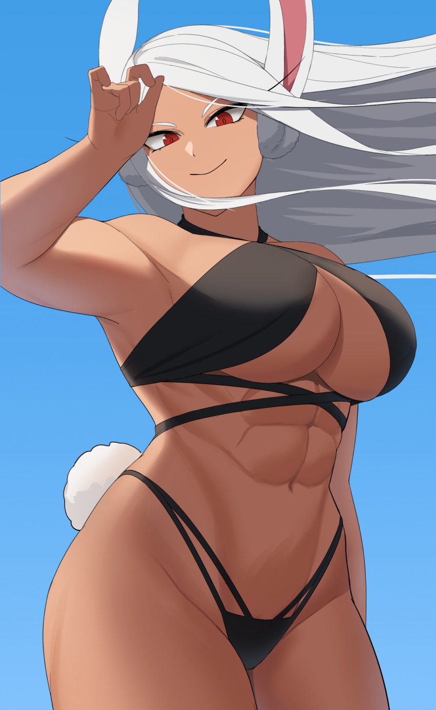 1girls abs animal_ears armpits bikini black_bikini blue_background boku_no_hero_academia breasts cleavage criss-cross_straps dark-skinned_female dark_skin female floating_hair hand_up highres kritta88 large_breasts layered_bikini long_eyelashes long_hair looking_at_viewer miruko my_hero_academia navel parted_bangs rabbit_ears rabbit_girl red_eyes rumi_usagiyama smile solo stomach swimsuit thick_thighs thighs toned_female usagiyama_rumi very_long_hair white_hair