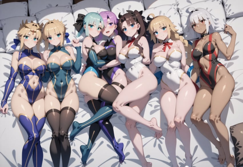 ai_generated artoria_pendragon artoria_pendragon_(lancer) breasts curvy fate/apocrypha fate/grand_order fate/stay_night fate_(series) jeanne_d&#039;arc_(alter)_(fate) jeanne_d&#039;arc_(fate) jeanne_d&#039;arc_(fate)_(all) leotard lying_on_bed mash_kyrielight morgan_le_fay_(fate) multiple_girls saber tohsaka_rin wide_hips