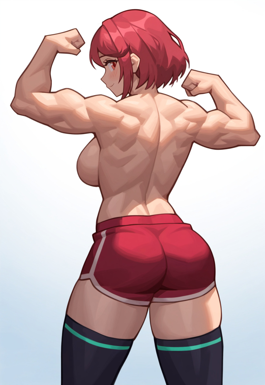 abs ai_generated back back_muscles biceps cowboy_shot female flexing from_behind looking_at_viewer looking_back muscular_female muscular_legs pyra pyra_(xenoblade) red_shorts robofun sideboob smile tall_female thighhighs topless xenoblade_chronicles_2