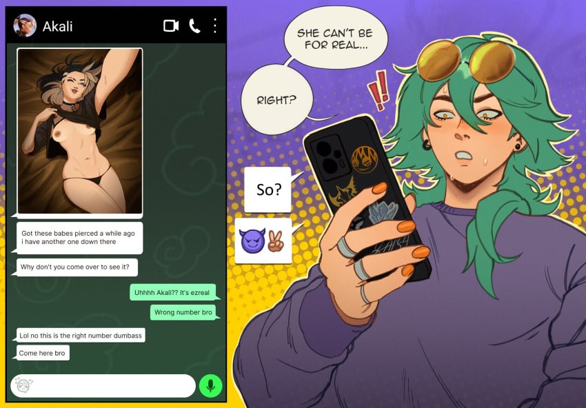 akali blush breasts english_text ezreal female green_hair heartsteel_ezreal heartsteel_series k/da_all_out_akali k/da_all_out_series league_of_legends male panties pepprnsalt phone phone_screen photo pierced_nipples piercing piercings sending_nudes shirt_lift texting yellow_eyes