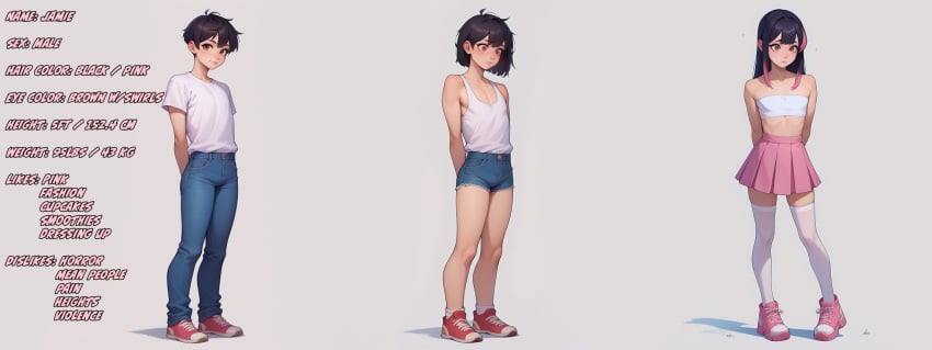 ai_generated black_hair blue_shorts brown_eyes femboy hypnosis jamie_(osirix) jean_shorts jeans mind_control oc original original_character osirix petite petite_male pink_skirt short_shorts shorts skirt sneakers spiral_eyes stable_diffusion tank_top thighhighs tubetop white_thighhighs