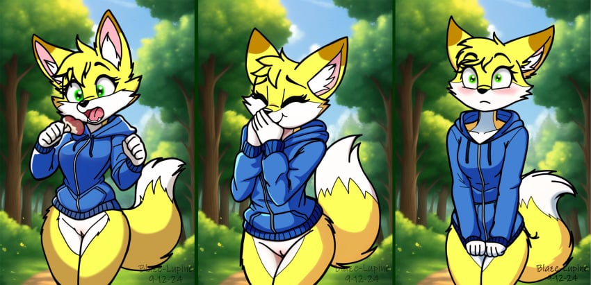 absurd_res anthro blaze-lupine blush bottomless bottomless_anthro bottomless_female canid canine clothed clothing covering covering_crotch covering_self digital_media_(artwork) eating embarrassed female fox fungus fur genitals hair hi_res hoodie hoodie_only looking_at_viewer mammal mushroom open_mouth penis plant pussy smile solo standing tail teeth topwear topwear_only tree