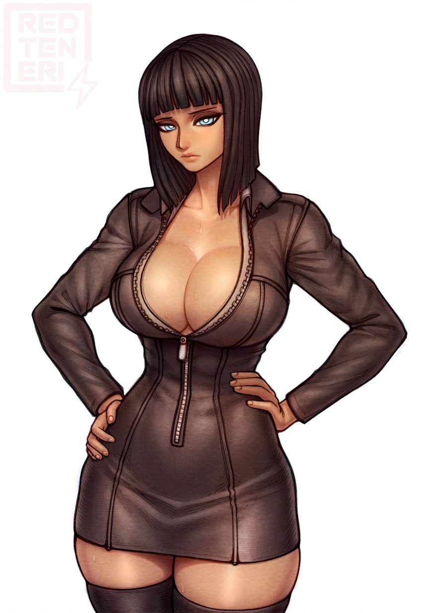 1girls bare_thighs big_breasts black_hair blue_eyes blush clothed clothing color female female_focus female_only hi_res inner_sideboob large_breasts light-skinned_female light_skin looking_at_viewer medium_hair nico_robin one_piece pre-timeskip redteneri shounen_jump solo thick_thighs water_7 zettai_ryouiki