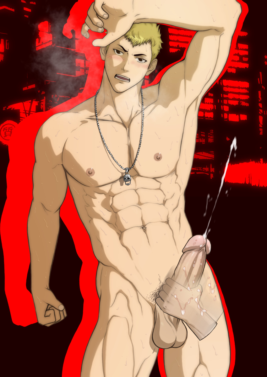 1boy abs absurd_res absurdres alternate_version_available atlus balls bara biceps big_balls big_penis blonde_hair cum cumming disembodied_hand ejaculation erection genital_fluids handjob hydaria looking_at_viewer male male_focus male_nipples male_only masturbation megami_tensei muscular_male nipples nude nude_male orgasm pecs penis persona persona_5 ryuji_sakamoto sega simple_background solo solo_focus solo_male