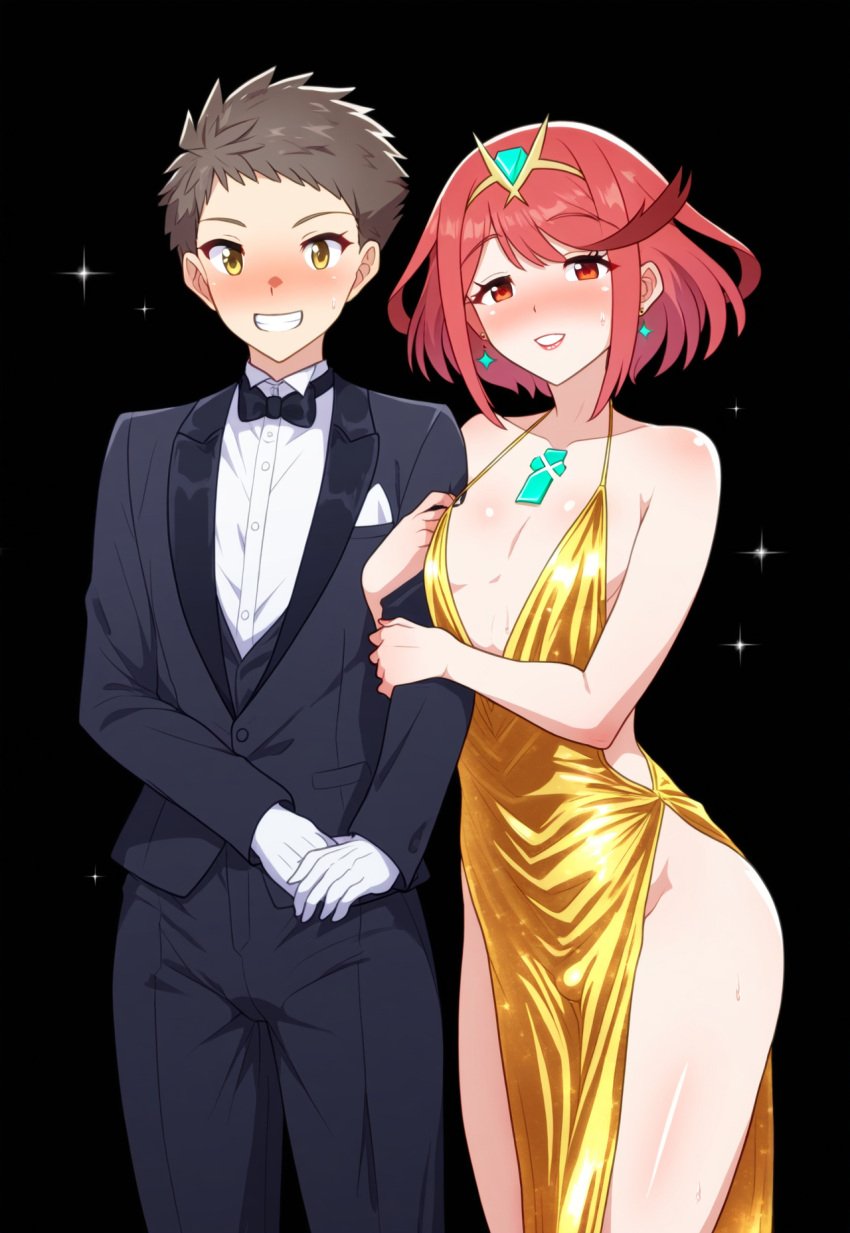 2boys ai_generated alternate_costume arm_hug bare_legs black_background brown_hair cowboy_shot dress evening_gown femboy gender_swap_(ftm) girly gold_dress grin halter_dress human human_male light-skinned_femboy light-skinned_male light_skin lipstick makeup male male/male nsfw otoko_no_ko pelvic_curtain plunging_neckline pyra pyra_(xenoblade) rex_(xenoblade) robofun rule_63 sequins shiny_skin sissy smile sparkle spiked_hair trap tuxedo white_gloves xenoblade_chronicles_2