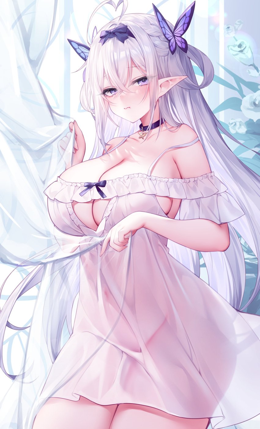 1girls breasts elf elf_ears elf_female female huge_breasts light-skinned_female light_skin lingerie long_hair original original_character sora_72-iro thick_thighs white_hair wide_hips