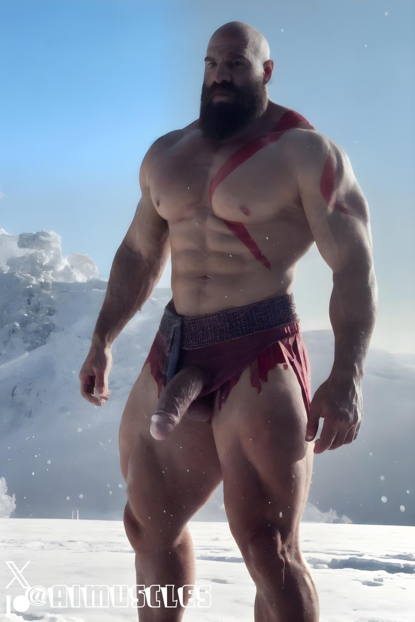 1boy ai_generated aimuscles bald bald_man bara barely_clothed barely_covered beard big_penis daddy dilf facial_hair god_of_war kratos large_penis looking_at_viewer male male_focus male_only mature_male muscles muscular muscular_arms muscular_ass muscular_back muscular_legs nature nature_background older_male outdoor_nudity outdoors partially_clothed_male partially_nude partially_undressed penis penis_sticking_out public_exposure red_markings red_skirt scantily_clad snow snowy_background winter