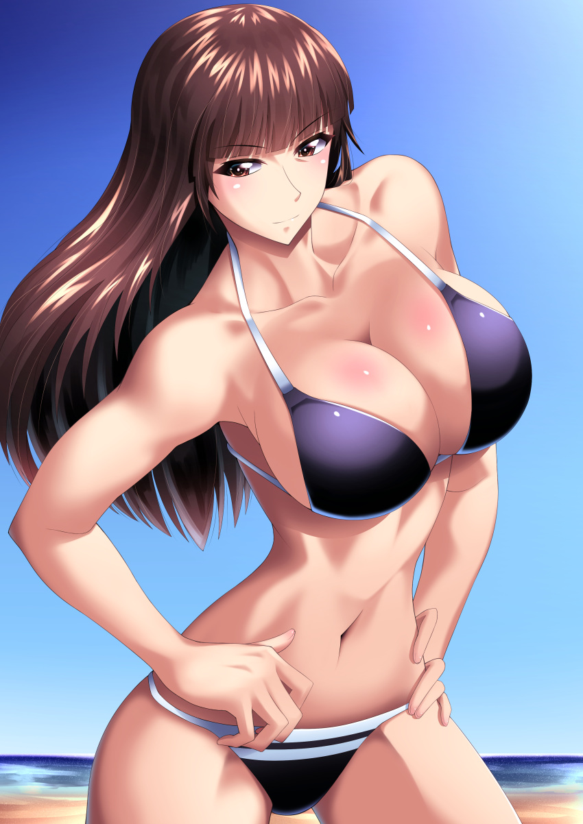 1girls absurd_res absurdres belly belly_button bikini bikini_bottom bikini_top bra breasts brown_hair collarbone eyebrows_visible_through_hair female female_focus girls_und_panzer highres huge_breasts large_breasts light-skinned_female light_skin long_hair looking_at_viewer mature mature_female memotonoshiwatsubasa midriff milf mommy mother nishizumi_shiho panties pointy_chin seaside sky solo solo_female solo_focus