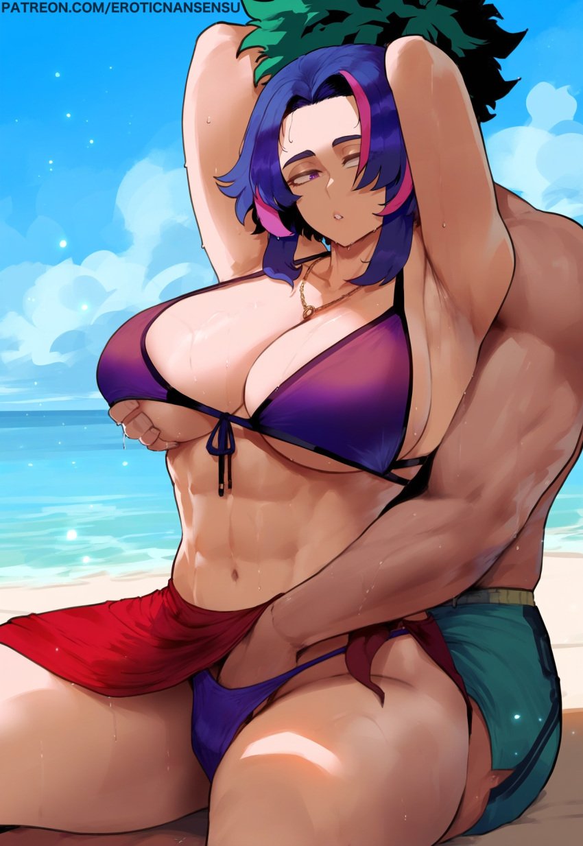 1boy 1girls abs ai_assisted ai_generated beach big_breasts bikini breasts collar curvy erotic_nansensu fingering fingering_partner fingering_pussy fingering_through_clothes fit_female grabbing_from_behind green_hair groping imminent_sex izuku_midoriya lady_nagant multicolored_hair muscular_female muscular_male my_hero_academia older_female pink_hair purple_hair sarong teenager thick_thighs two_tone_hair younger_male