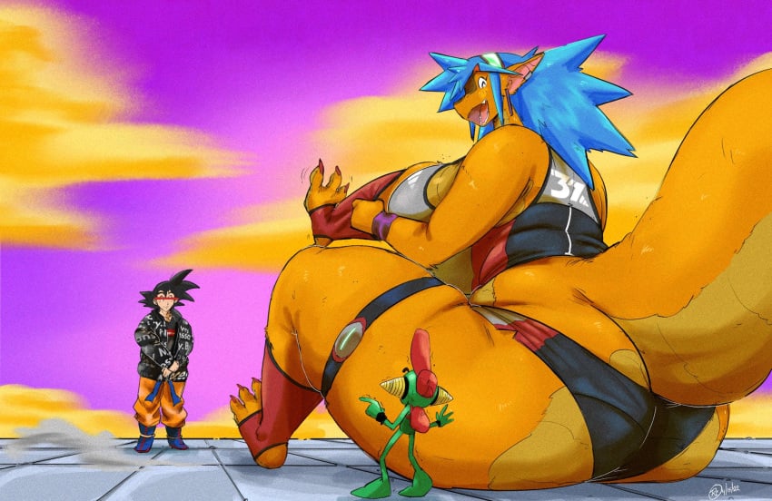 1boy 2girls anthro ass blue_hair dragon_girl female giantess huge_ass meme rchammer rock_(rchammer) son_goku thick_thighs thighs