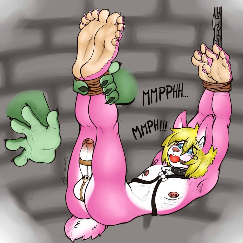 5_toes a_link_to_the_past anthro ball_gag balls blonde_hair blue_eyes bondage bound chains claws collar disembodied_hand erect_while_spanked erection feet forced fur gag gagged hair harness hindpaw humanoid_feet imminent_footjob imminent_rape imminent_sex invalid_tag link link_(rabbit_form) male male_only mammal nintendo nipple_piercing nipples nude paws penis piercing plantigrade restrained rope sebafox simple_background soles solo_focus spanking tears text the_legend_of_zelda tied_penis toe_claws toes video_games