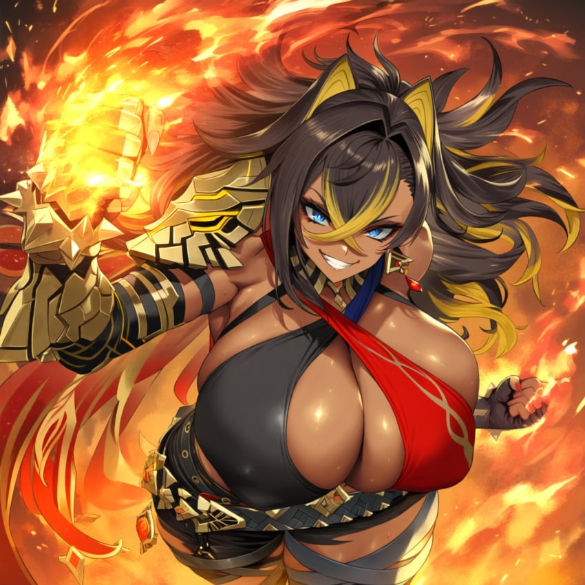 1girls 2vuiai abs ai_generated big_breasts blue_eyes breasts clothed clothed_female clothing dark-skinned_female dark_skin dehya_(genshin_impact) female female_only genshin_impact gigantic_breasts huge_breasts large_breasts massive_breasts muscular muscular_arms muscular_female voluptuous