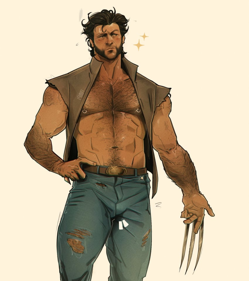 arm_hair blush body_hair brown_vest chris_sdd claws comic hugh_jackman jeans male_only marvel marvel_comics nipple_piercings ripped_jeans solo solo_male sparkle sweating wolverine_(x-men) x-men