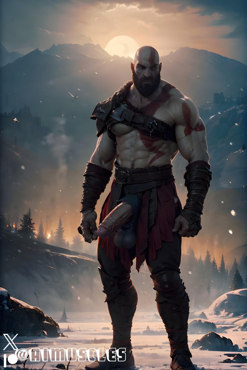 1boy ai_generated aimuscles bald bald_man bara barely_clothed barely_covered beard big_penis daddy dilf facial_hair god_of_war kratos large_penis looking_at_viewer male male_focus male_only mature_male muscles muscular muscular_arms muscular_ass muscular_back muscular_legs nature nature_background older_male outdoor_nudity outdoors partially_clothed_male partially_nude partially_undressed penis penis_sticking_out public public_exposure red_markings red_skirt scantily_clad snow snowy_background winter