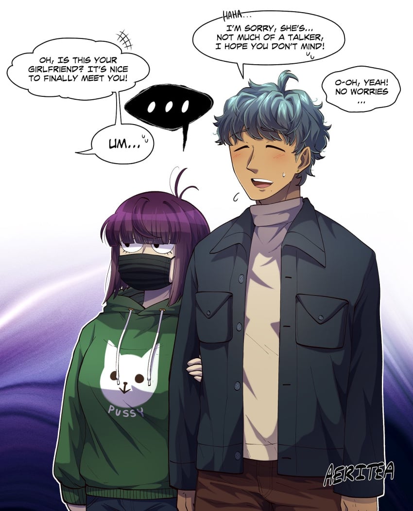 1boy 1girls aeritea arm_grab bangs blue_hair blush closed_eyes clothed comic dialogue dominant_female domination ear_piercing femdom holding_arm hoodie light_skin mask masked nervous purple_hair role_reversal short_hair shy submissive submissive_male sweatdrop tan_body text text_bubble