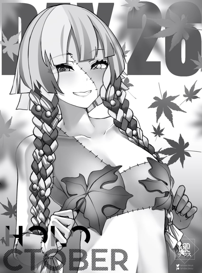 1girls black_and_white convenient_censoring covered_nipples female grayscale holoctober hololive hololive_indonesia kureiji_ollie landacdeus leaf leaves looking_at_viewer mostly_nude naked nude solo virtual_youtuber vtuber