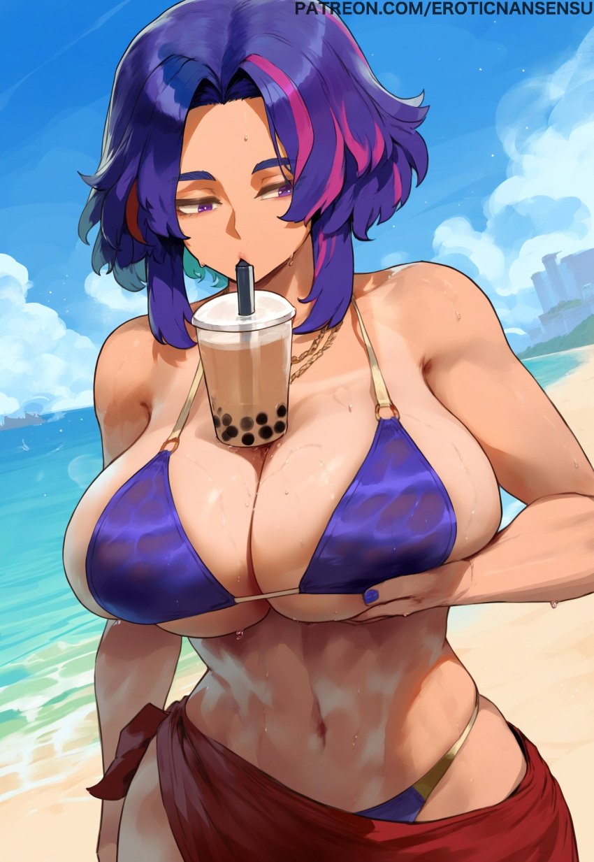 1girls ai_assisted ai_generated alternate_breast_size beach big_breasts bikini breast_support curvy drinking erotic_nansensu female female_only fit_female hourglass_figure lady_nagant multicolored_hair my_hero_academia necklace overflowing_breasts sarong solo tight_fit wet wip