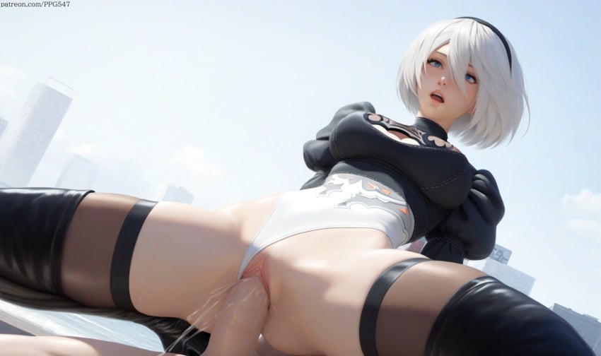 ahe_gao ai_generated big_penis black_boots blue_eyes bob_cut boots climax clitoral_hood clitoris clothed clothed_sex clothing cowgirl_position female_orgasm hairband leather_clothing leotard leotard_aside lips mole mole_under_mouth nai_diffusion nier:_automata open_mouth orgasm orgasm_face outdoors penis pujopg pussy pussy_ejaculation pussy_juice revealing_clothes reverse_cowgirl_position rolling_eyes sex short_hair spread_legs squirting thighhighs thighs vaginal_penetration vaginal_penetration white_hair yorha_2b