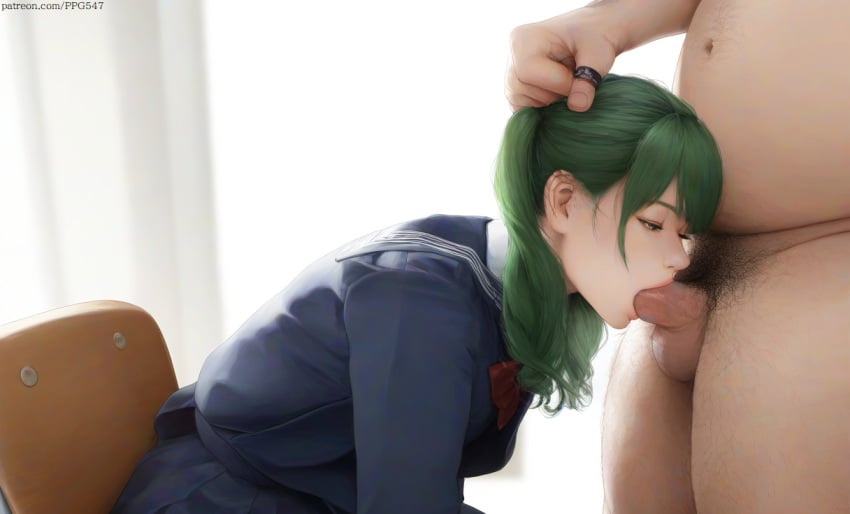 ai_generated balls bangs blowjob chair clothed clothed_female_nude_male clothing deepthroat fat_man fellatio green_hair hair_grab head_grab indoors long_hair nai_diffusion oral original original_character penis pubic_hair pujopg school_uniform schoolgirl sitting sitting_on_chair teenage_girl teenager torogao twintails ugly_bastard