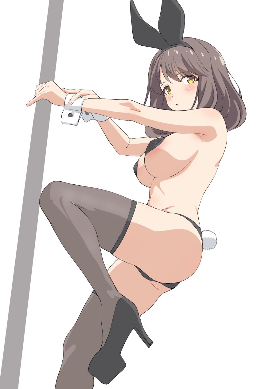 armpits ass back bare_arms bare_back bare_belly bare_shoulders belly_button big_breasts black_panties blush body_blush breasts brown_hair brown_thighhighs bunny_ears bunny_tail high_heels idoly_pride long_hair open_mouth panties pasties pole pole_dancing saeki_haruko_(idoly_pride) shiny_skin sincos stripper stripper_pole thighhighs thighs topless wrist_cuffs yellow_eyes zettai_ryouiki