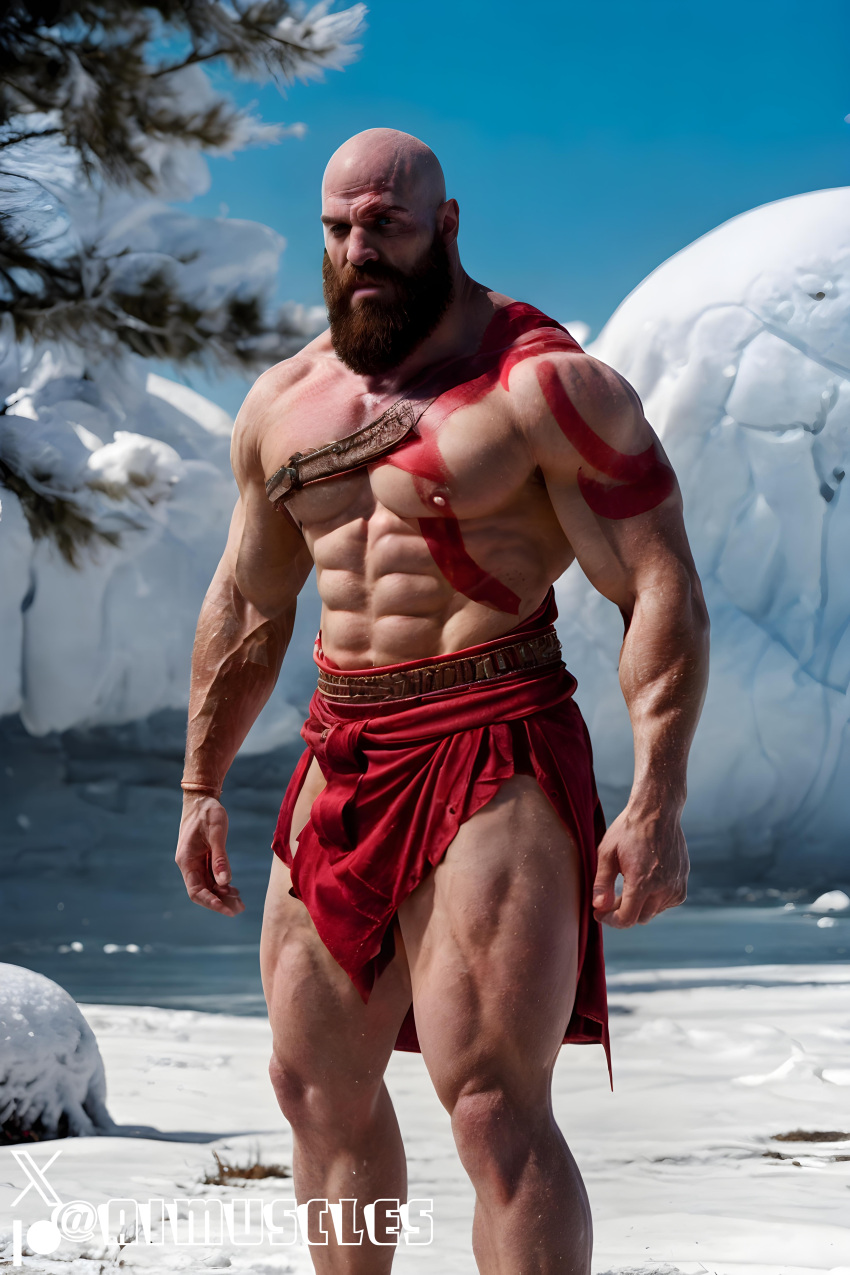 1boy ai_generated aimuscles bald bald_man bara barely_clothed barely_covered beard daddy dilf facial_hair god_of_war kratos looking_at_viewer male male_focus male_only mature_male muscles muscular muscular_arms muscular_ass muscular_back muscular_legs nature nature_background older_male outdoor_nudity outdoors partially_clothed_male partially_nude partially_undressed public public_exposure red_markings red_skirt scantily_clad snow snowy_background winter