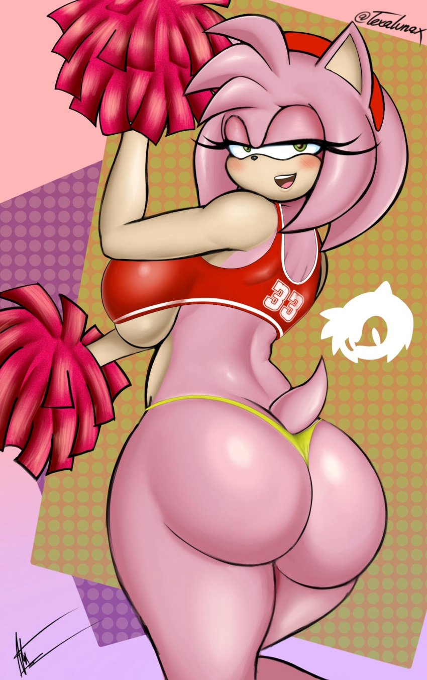 1girls accessory amy_rose anthro ass backboob big_breasts blush breasts butt cheerleader clothing crop_top curvy eulipotyphlan eyelashes female female_only fur green_background green_eyes hair_accessory hairband half-closed_eyes head_tuft hedgehog hedgehog_girl hi_res looking_at_viewer looking_back looking_back_at_viewer mammal narrowed_eyes number_on_clothing open_mouth open_smile pink_background pink_body pink_fur pink_hair pom_poms purple_background rear_view red_clothing red_crop_top red_hairband red_pom_poms red_topwear sega simple_background smile solo sonic_(series) sonic_the_hedgehog_(series) tail tan_body tan_fur texalunax thick thick_butt thick_hips thick_thighs thong topwear tuft under_boob underwear wide_hips yellow_clothing yellow_thong yellow_underwear