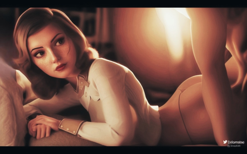 1boy 1girls bare_legs bare_thighs big_ass big_breasts big_butt bioshock bioshock_infinite blonde_hair blue_eyes burial_at_sea clothed clothed_sex clothing elizabeth_comstock from_side lidomaine7 looking_back prone_bone sex source_request tagme warm_lighting white_shirt