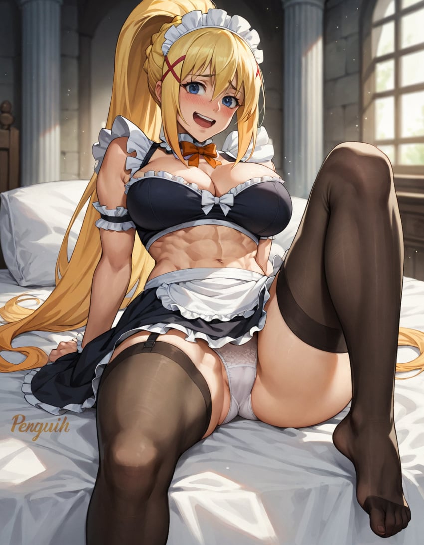 1girls abs ai_generated anime big_breasts big_breasts blonde_hair blue_eyes blush breasts cleavage darkness_(konosuba) dustiness_ford_latatina embarrassed feet female female_only horny kono_subarashii_sekai_ni_shukufuku_wo! large_breasts leaning_forward looking_at_viewer maid maid_uniform muscular muscular_female panties pantyshot penguih perfect_body sexy_pose shy solo solo_female spread_legs stable_diffusion stockings thighs