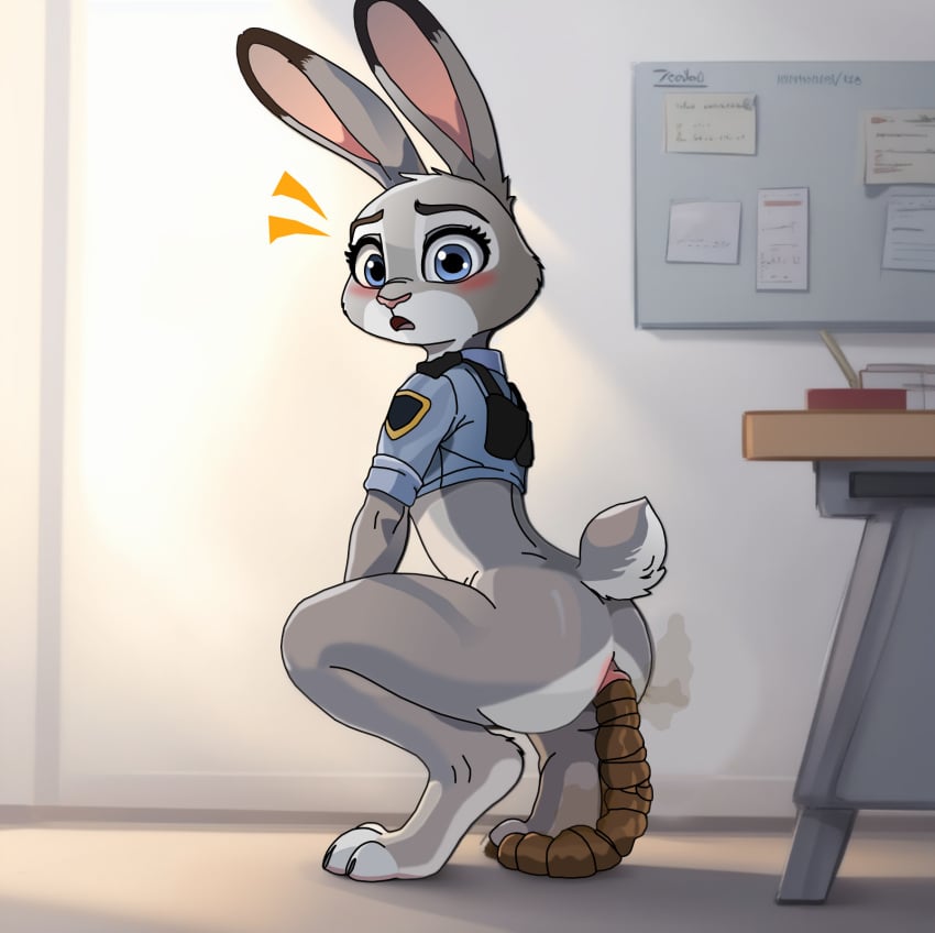 anthro anus artist_scatu bunny disney feces female half_naked hi_res humanoid judy_hopps looking_at_another pooping_on_floor scat scatplay solo zootopia