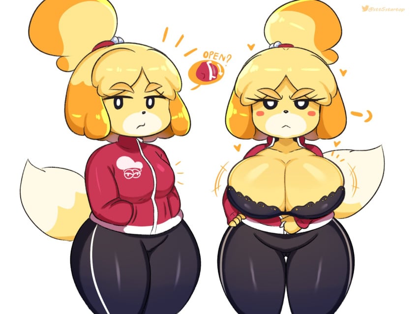 angry animal_crossing black_bra cleavage furry isabelle_(animal_crossing) jumpsuit nintendo startop taking_clothes_off