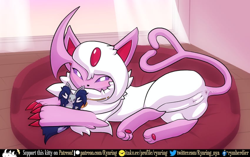 3_toes absol absurd_res alternate_color anna_(livingfox66) anus blush claws delphox digital_media_(artwork) eeveelution espeon feet female feral forked_tail fur furniture generation_2_pokemon generation_3_pokemon generation_6_pokemon genitals heart_symbol hi_res holding_object holding_plushie hybrid hybrid_pokemon inner_ear_fluff inside jewelry jewelry_only looking_at_viewer mammal necklace necklace_only nintendo nude pet_bed plushie pokemon pokemon_(species) pussy rymherdier smile solo tail text toes translucent_curtains tuft unusual_anatomy unusual_tail white_body white_fur window