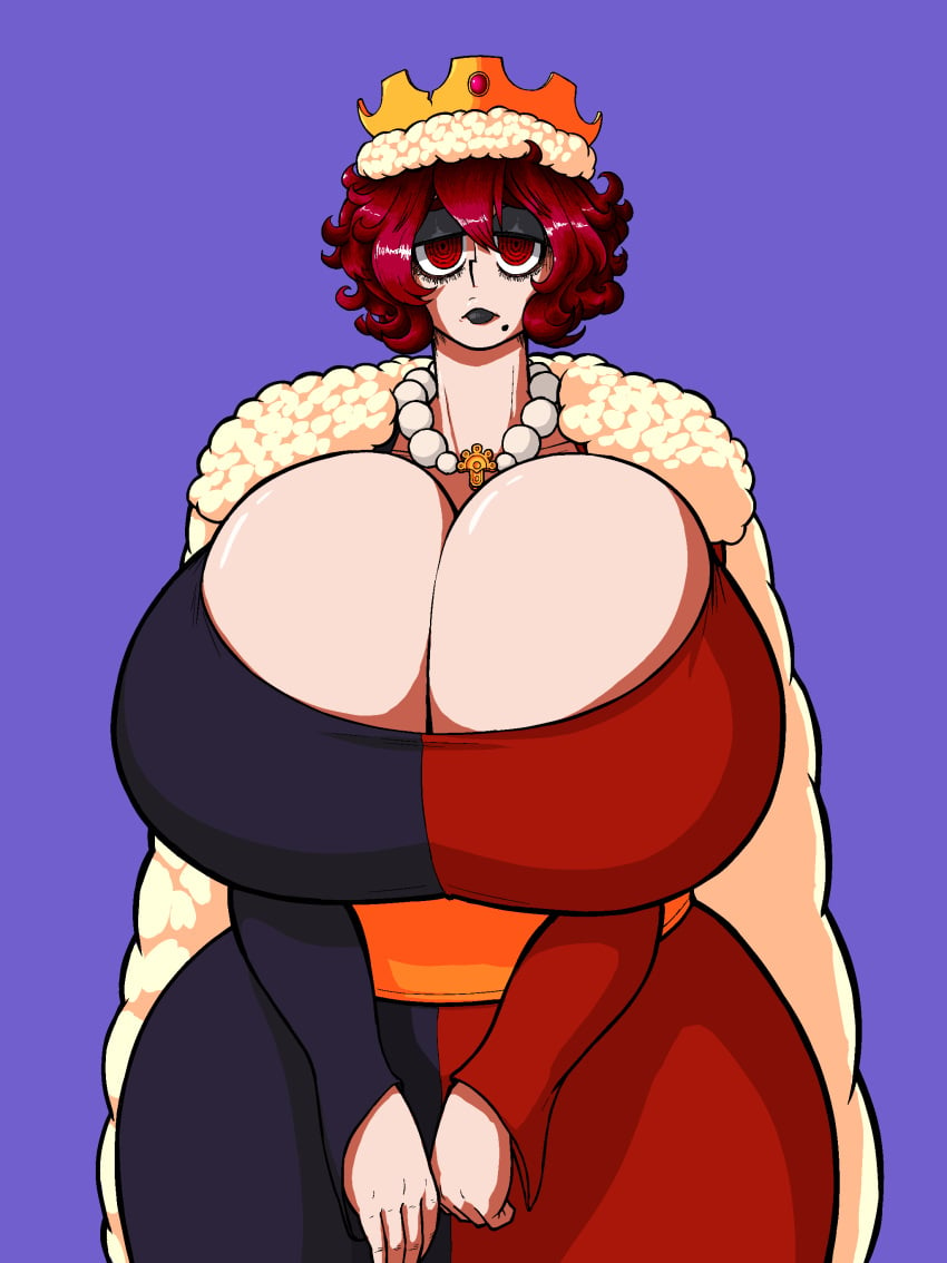 beauty_mark breasts_bigger_than_head breasts_squeezed_together cape crown curly_hair dark_red_hair eyeshadow fleece gold_jewelry huge_breasts ivanpanced_(artist) lipstick oc original_character pearl_necklace queen red_eyes sad self_upload two_tone_clothing