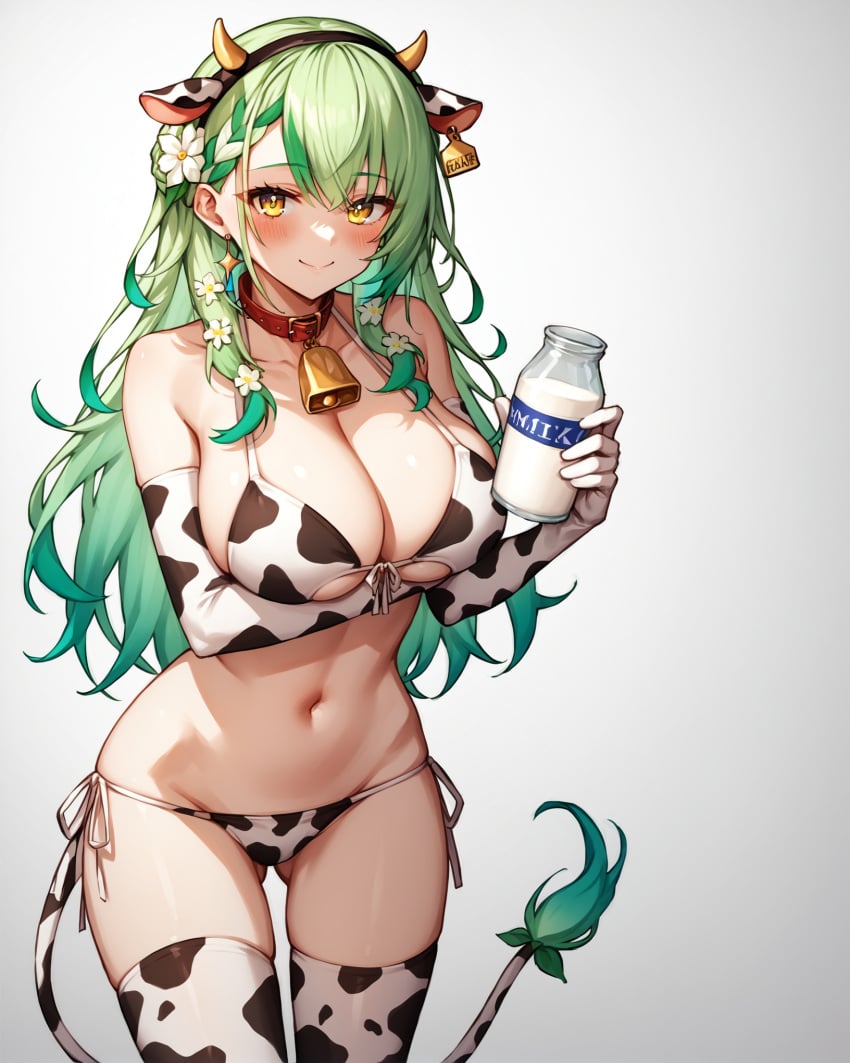 1girls ai_generated arm_under_breasts ass_visible_through_thighs bangs bikini blush braid breasts ceres_fauna cleavage collar cow_ears cow_girl cow_horns cow_print cowbell cowboy_shot elbow_gloves fake_animal_ears fake_tail female flower flower_in_hair gluteal_fold green_hair hair_between_eyes holding_milk hololive hololive_english large_breasts long_hair looking_at_viewer milk navel notreallyhere side-tie_bikini simple_background smile solo thigh_gap thighs underboob virtual_youtuber yellow_eyes