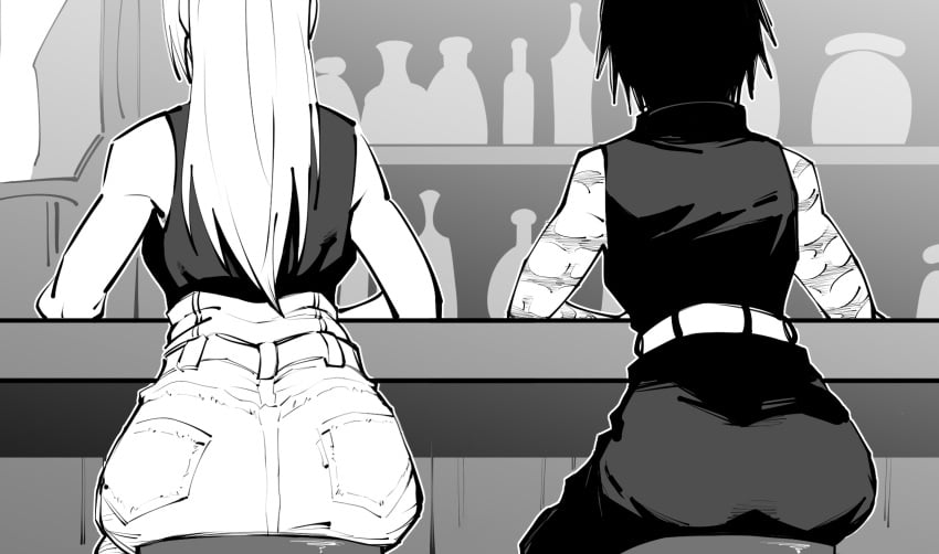 ass_comparison ass_focus big_ass black_hair blonde_hair burn_scar dingotoad jeans jujutsu_kaisen long_hair monochrome yuki_tsukumo zenin_maki