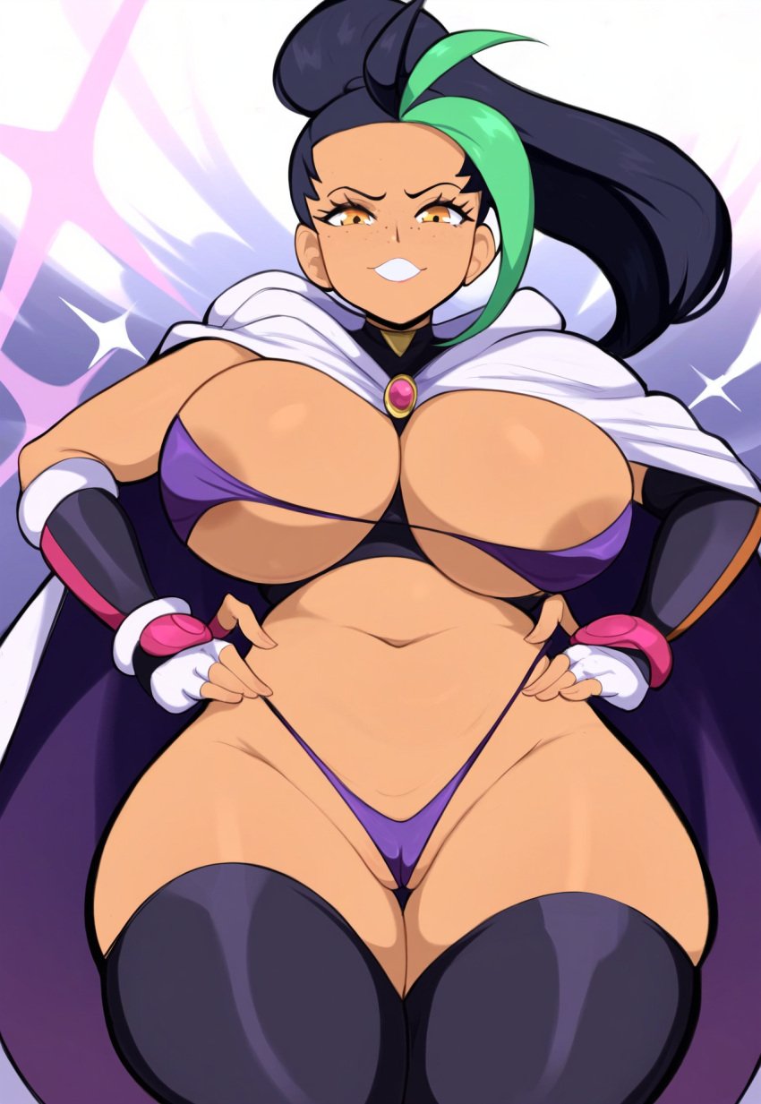 1girls ai_generated alternate_costume cameltoe cape curvy dark-skinned_female dark_skin fantasy female female_only human large_breasts latina mullon nemona_(pokemon) novelai pokemon pokemon_sv revealing_clothes smile solo