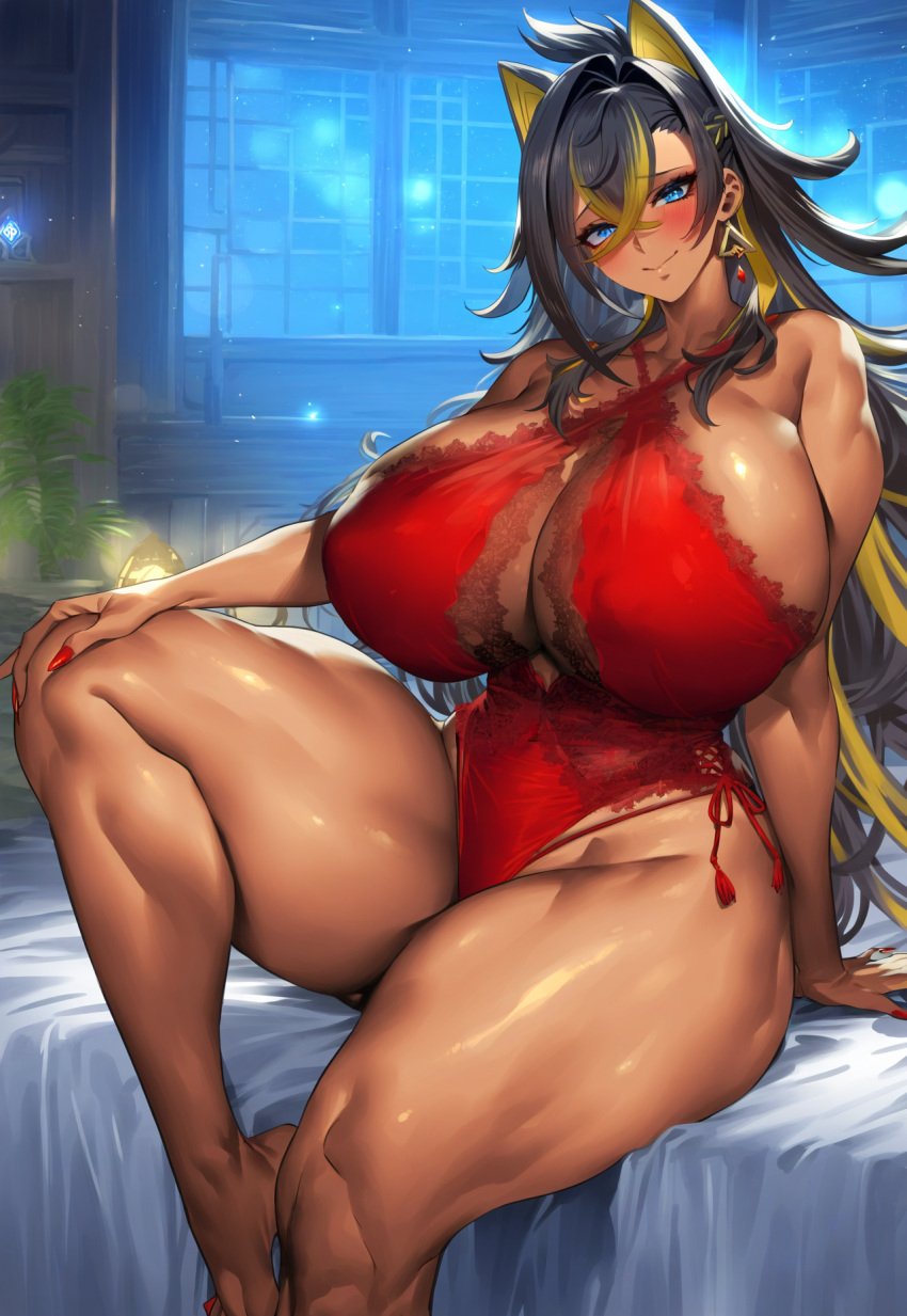 1girls 2vuiai ai_generated big_breasts big_thighs blue_eyes blush breasts dark-skinned_female dark_skin dehya_(genshin_impact) female female_only genshin_impact gigantic_breasts gigantic_thighs huge_breasts huge_thighs large_breasts large_thighs looking_at_viewer massive_breasts massive_thighs muscular muscular_arms muscular_female muscular_thighs thick_thighs thighs voluptuous