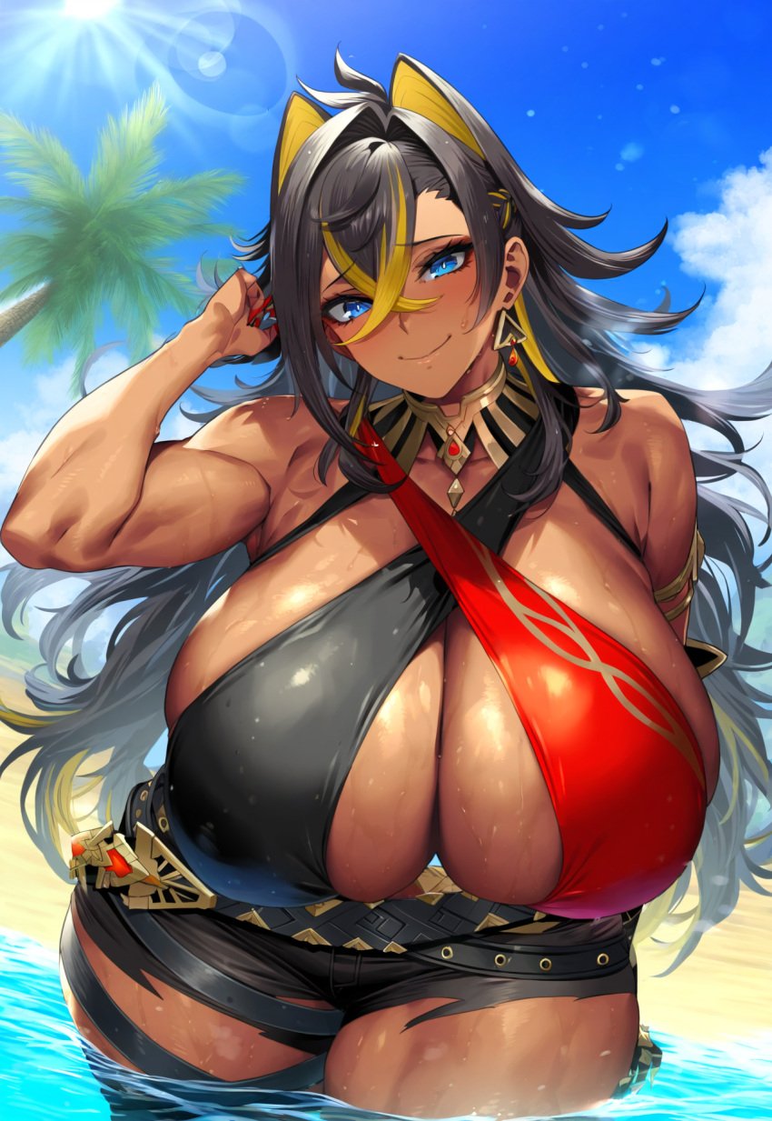 1girls 2vuiai abs ai_generated beach big_breasts big_thighs breasts cleavage dark-skinned_female dark_skin dehya_(genshin_impact) female female_only genshin_impact gigantic_breasts gigantic_thighs huge_breasts huge_thighs large_breasts large_thighs massive_breasts massive_thighs muscular muscular_arms muscular_female muscular_thighs thick_thighs thighs voluptuous