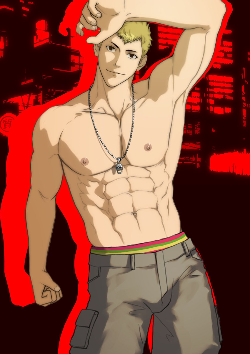 1boy absurd_res absurdres alternate_version_available atlus bara biceps blonde_hair clothed clothed_male clothing hydaria looking_at_viewer male male_focus male_nipples male_only megami_tensei muscular_male nipples partially_clothed partially_clothed_male pecs persona persona_5 ryuji_sakamoto sega shirtless shirtless_male simple_background solo solo_focus solo_male