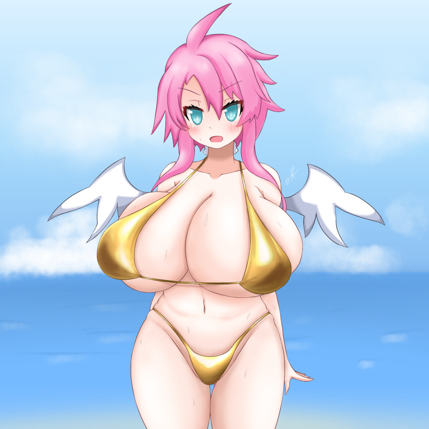 angel angel_wings artina beach bikini bikini_bottom bikini_top breasts disgaea disgaea_4 gold_bikini huge_breasts large_breasts nippon_ichi_software pink_hair sea seaside sweat t_kemosk thick_thighs thighs