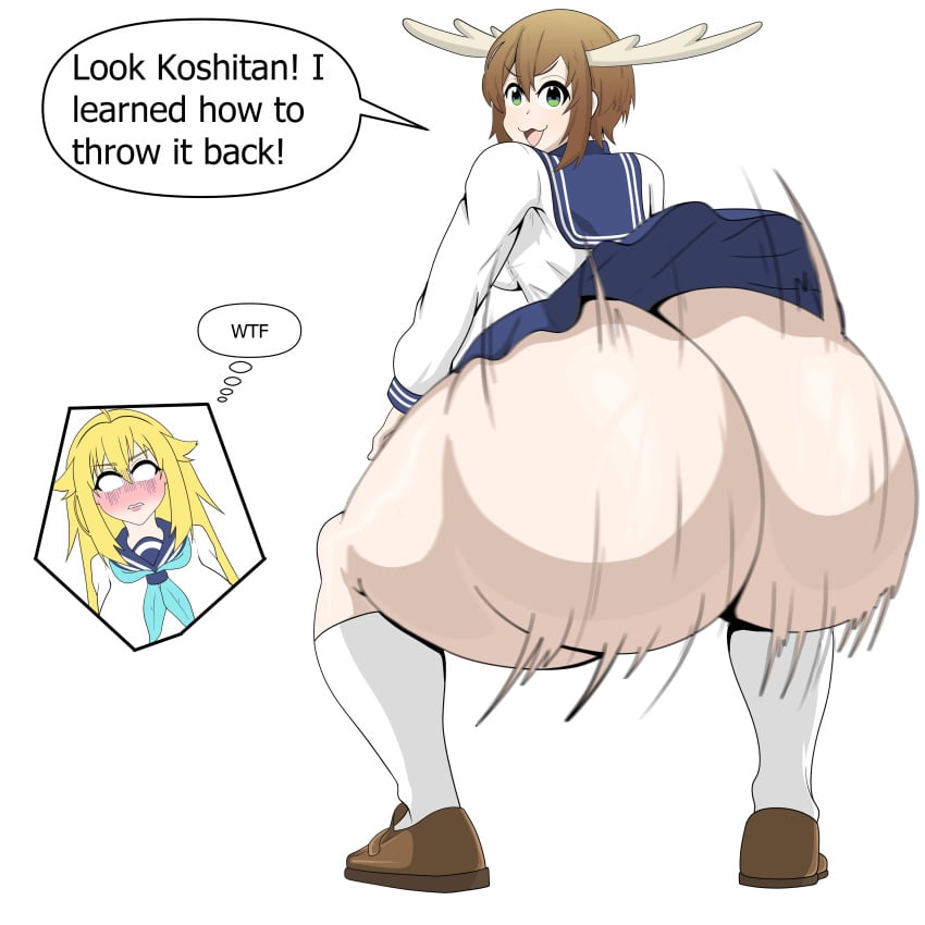 2024 2girls ass clapping_ass clapping_cheeks english_text huge_ass koshi_torako looking_back my_deer_friend_nokotan shikanoko_noko shikanoko_nokonoko_koshitantan text twerking yiomo