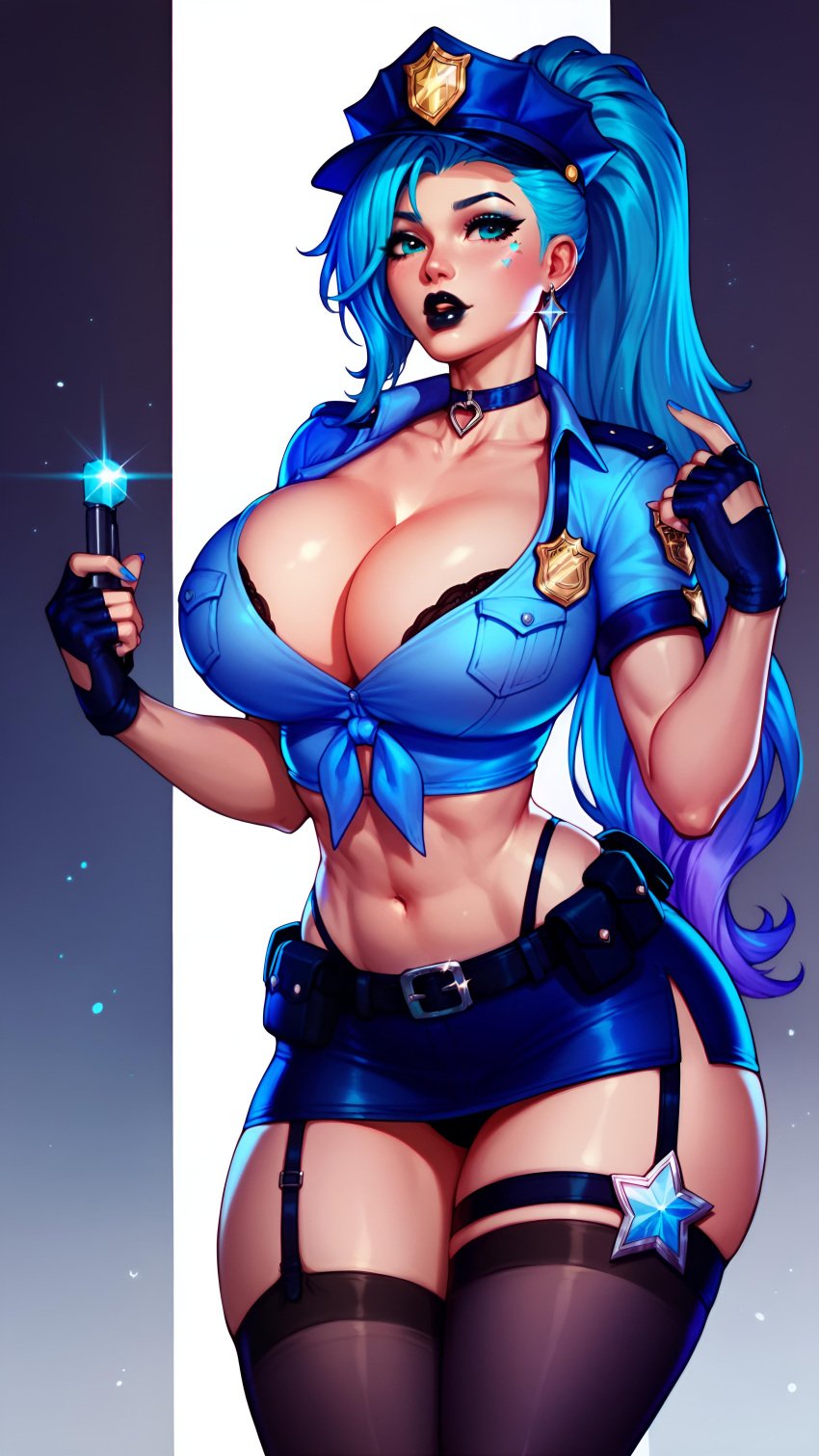 ai_generated belly_button big_breasts blue_eyes blue_hair blue_lipstick blue_nails bra breasts breasts breasts choker cleavage cowboy_shot fake_breasts female fingerless_gloves focus from_front_position gloves hourglass_figure huge_breasts k/da_series large_breasts league_of_legends lips lipstick looking_at_viewer midriff miniskirt navel nsfw police police_hat police_officer police_uniform policewoman ponytail pose riot_games seducing seduction seductive seductive_body seductive_eyes seductive_gaze seductive_look seductive_mouth seductive_pose seraphine_(league_of_legends) shiny shiny_breasts shiny_clothes shiny_hair shiny_skin simple_background sky4maleja socks thick_thighs waist