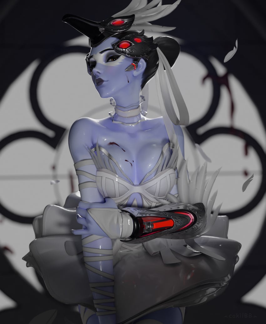 1girls 3d 3d_(artwork) 3d_model ass breasts cakiibb feathers female hair looking_at_viewer odette_widowmaker overwatch overwatch_2 purple_body purple_skin solo tagme widowmaker