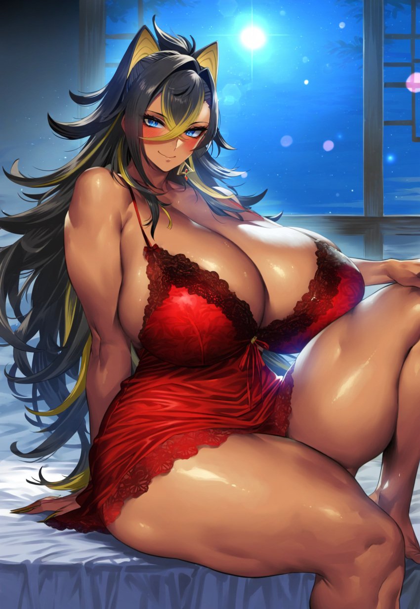 1girls 2vuiai ai_generated big_breasts big_thighs blue_eyes blush breasts dark-skinned_female dark_skin dehya_(genshin_impact) female female_only genshin_impact gigantic_breasts gigantic_thighs huge_breasts huge_thighs large_breasts large_thighs looking_at_viewer massive_breasts massive_thighs muscular muscular_arms muscular_female muscular_thighs thick_thighs thighs voluptuous