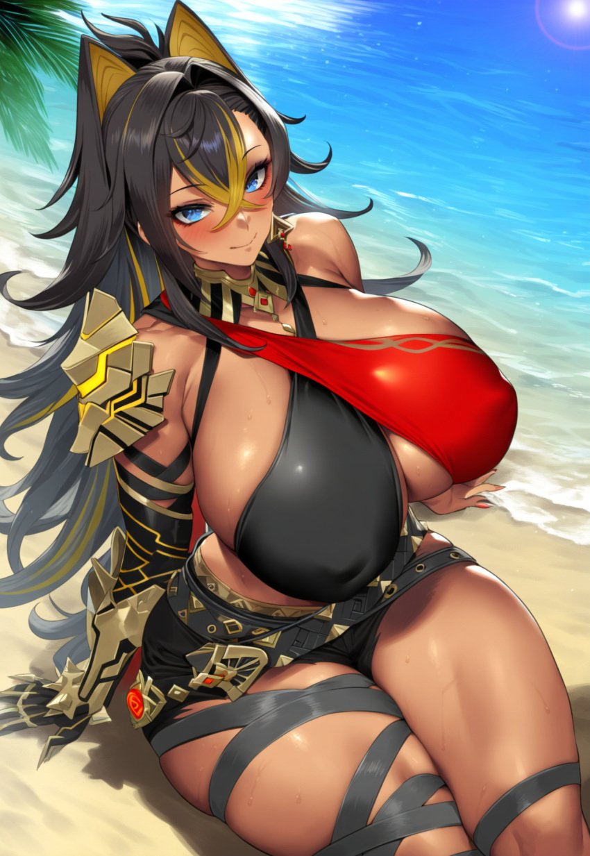 1girls 2vuiai abs ai_generated beach big_breasts big_thighs blush breasts dark-skinned_female dark_skin dehya_(genshin_impact) female female_only genshin_impact gigantic_breasts gigantic_thighs huge_breasts huge_thighs large_breasts large_thighs massive_breasts massive_thighs muscular muscular_arms muscular_female muscular_thighs sitting sitting_on_sand thick_thighs thighs voluptuous