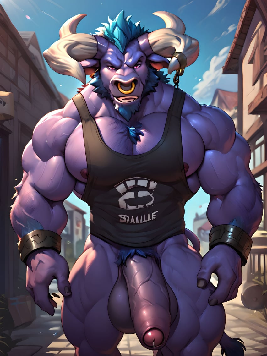 ai_generated alistar anthro balls bara big_balls big_cock big_penis bovid bovine bull cantsleep96 cattle cock erection foreskin furry furry_only hi_res league_of_legends male male_only muscular nipples pecs penis solo tail tank_top veiny_penis