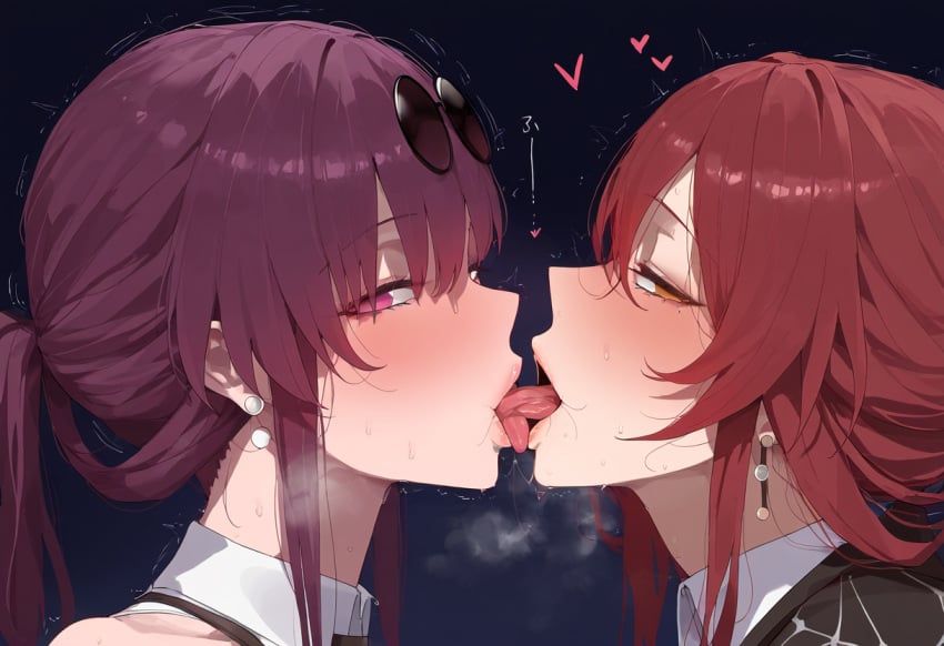 2girls ai_generated enemies_to_lovers female_only himeko_(honkai:_star_rail) honkai:_star_rail honkai_(series) hoyoverse kafka_(honkai:_star_rail) kissing lesbian lesbian_kiss lesbians light-skinned_female light_skin mommy purple_hair red_hair yuri